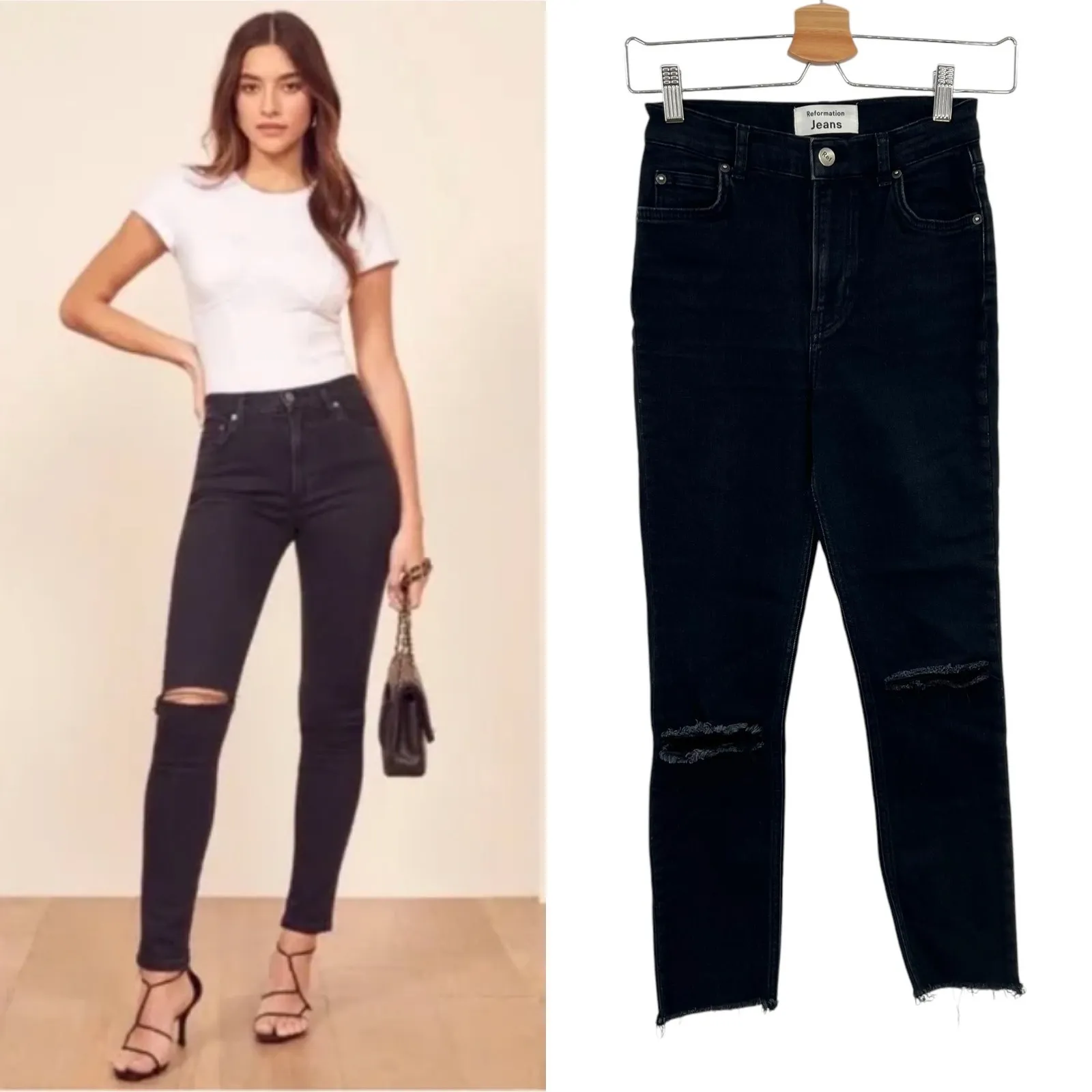 Reformation High Waist Skinny Jeans Destroyed‎ Faded Black Denim Size 24 - Image 2