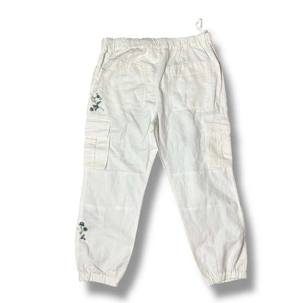 Sundance NWT White Linen Blend Floral Embroidered Jogger Cargo Pants 12 Hi-Rise - Image 2