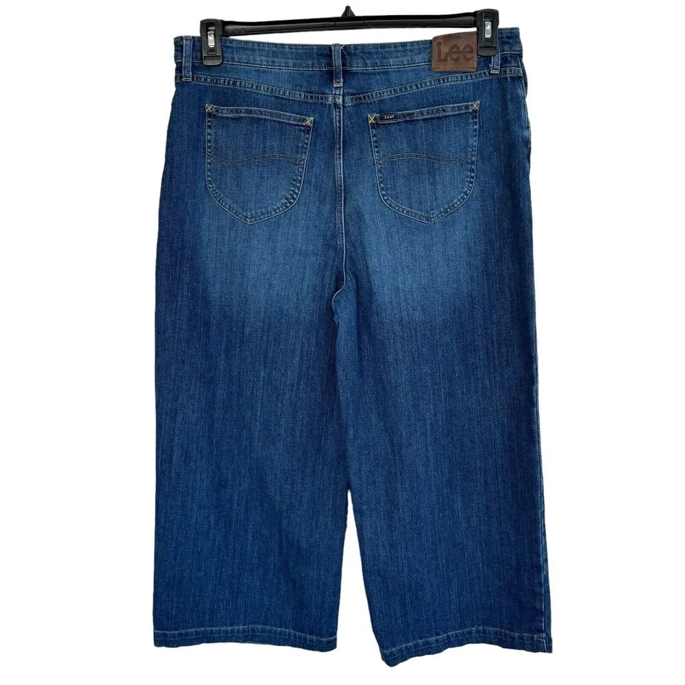 Lee Womens SZ 34 High-Rise Cropped Wide Leg Jeans Pockets Zip-Fly Whiskered Blue - Image 4