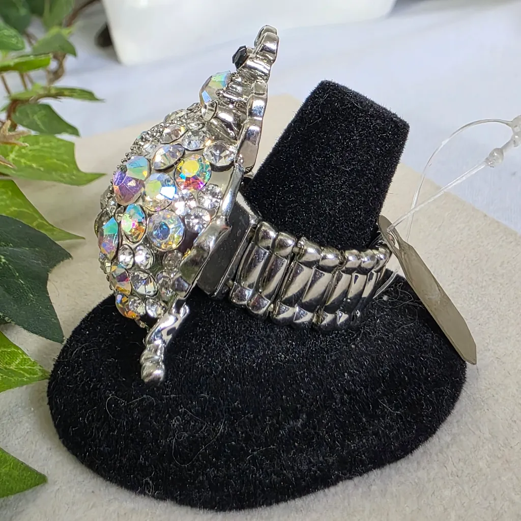 Vintage Statement Silver Beetle Bug Ring with AB Stones - Image 2