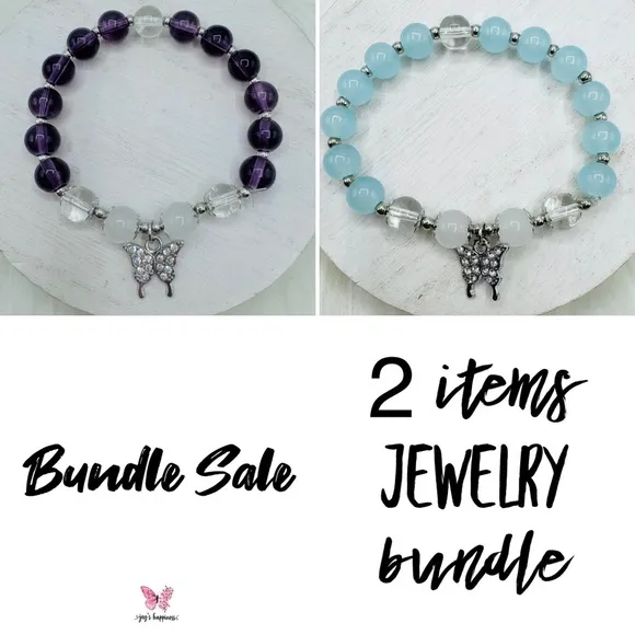 Violet & Blue Beaded w/ Sparkly Butterfly Charm Bracelet Bundle - Image 2