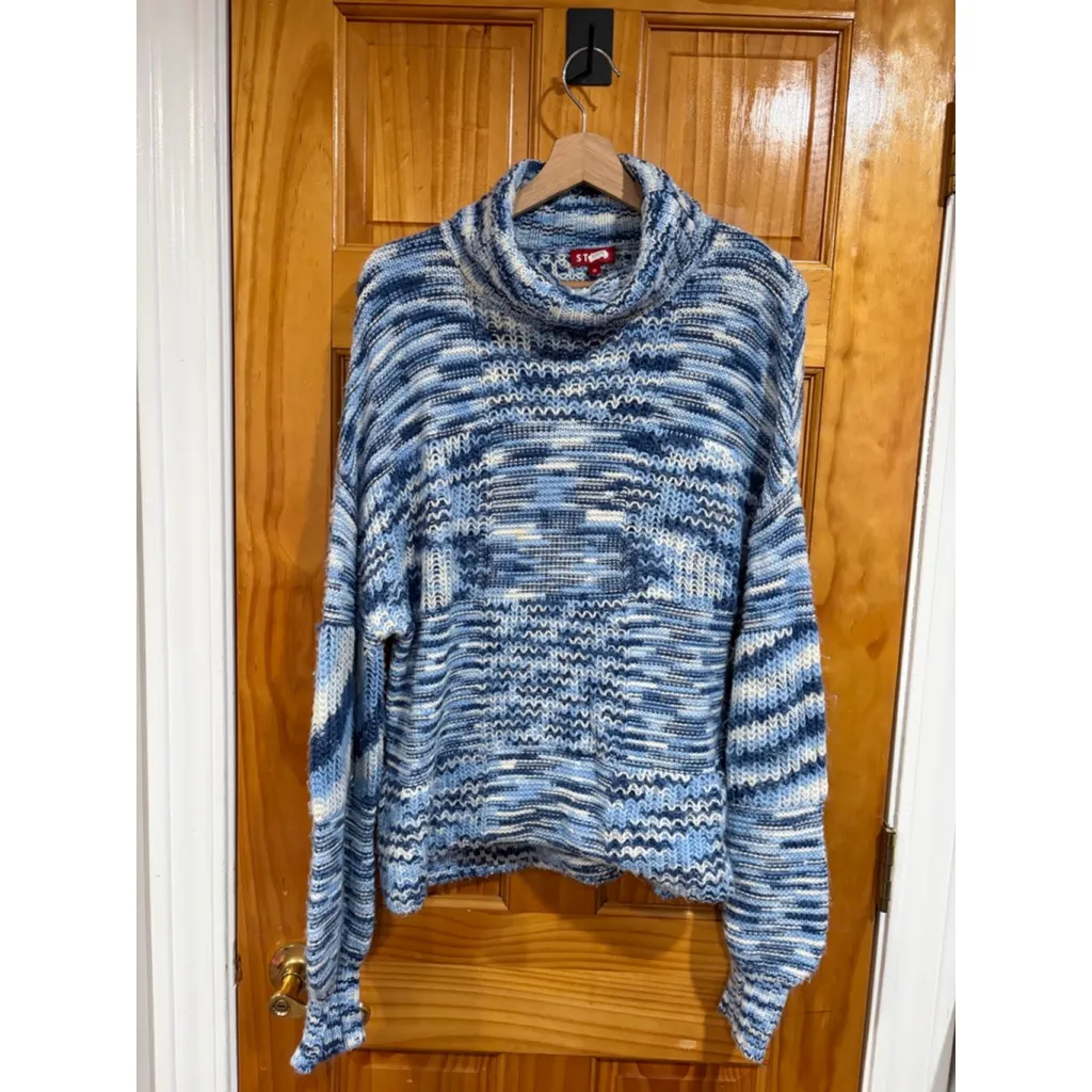 STAUD Benny Turtleneck Chunky Knit Sweater Blue White Space Dye Women’s Medium - Image 5