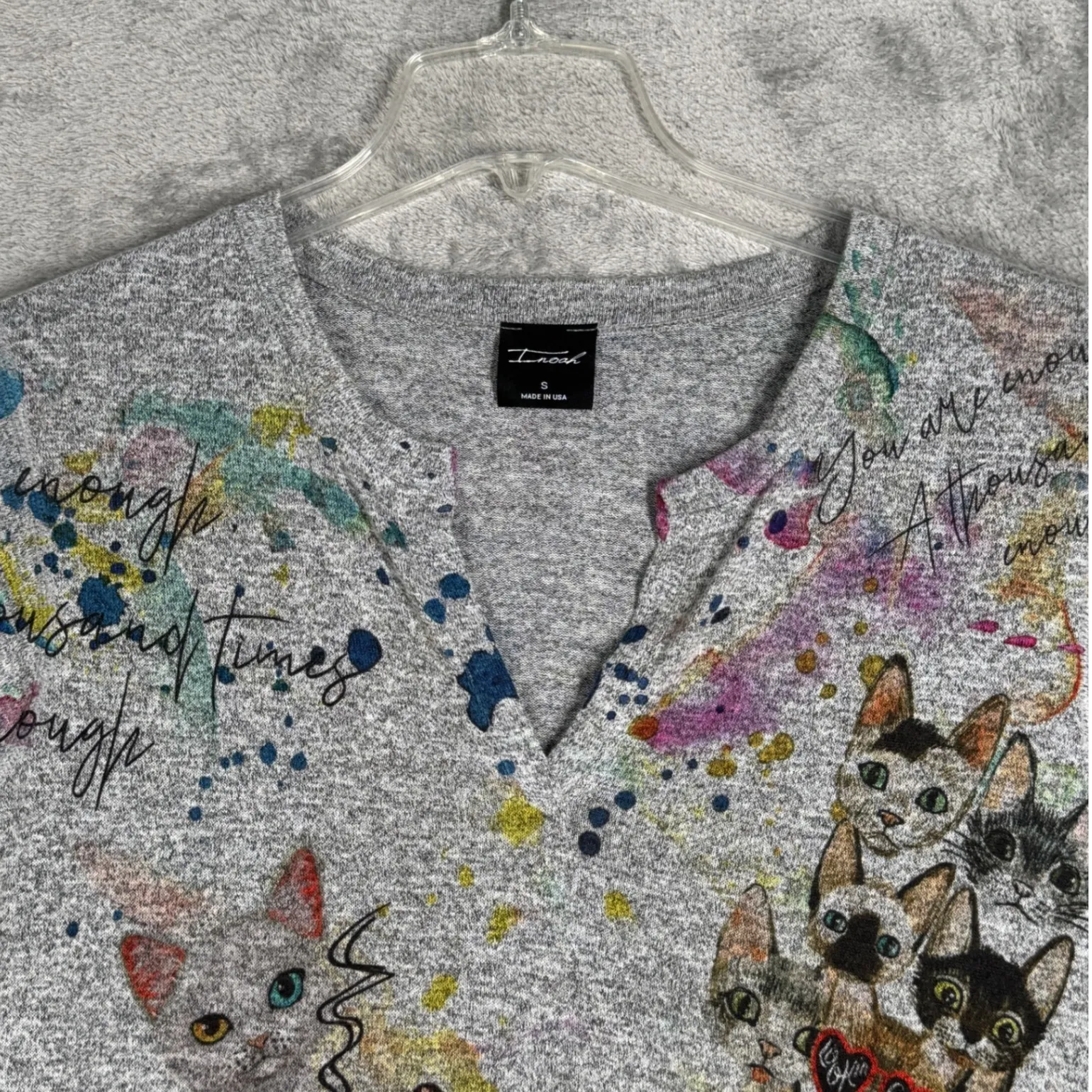 Inoah Shirt Womens Small Cat Print Graphic Tunic Top Elbow Sleeve Cat Lady Artsy Gray - Image 4