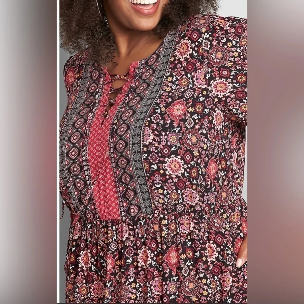 Lane Bryant Lace-Up Neck Boho Prairie Midi Dress plus size 14 floral pink NWT - Image 3