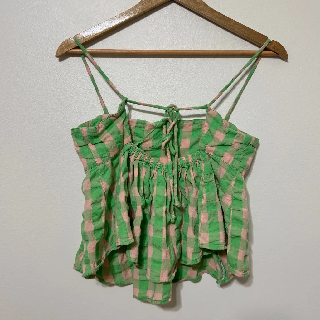 Free People Mia Plaid Tank Top Size Small in Exotic Lime Green Pink Coquette - Image 5
