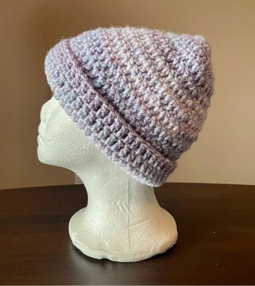 Hand Knit Pastel Rainbow Beanie Skull Cap Blue - Image 2