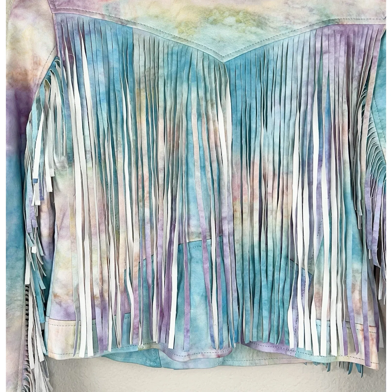 BLANK NYC Tie Dye Faux leather S Fringe Moto Jacket Pastel Multicolor Blue - Image 11