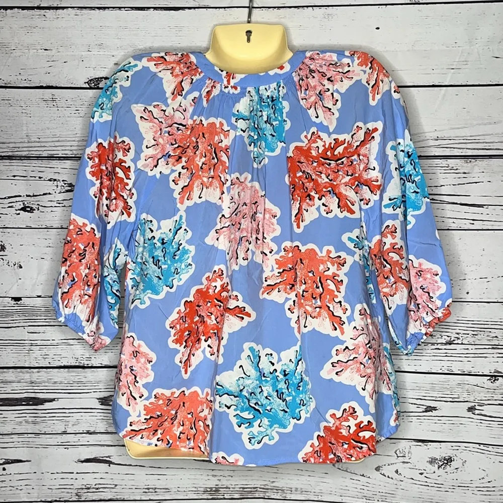 Crown & Ivy Petite Size LP Coral Reef Print Split V-Neckline Peasant Shirt Top - Image 3