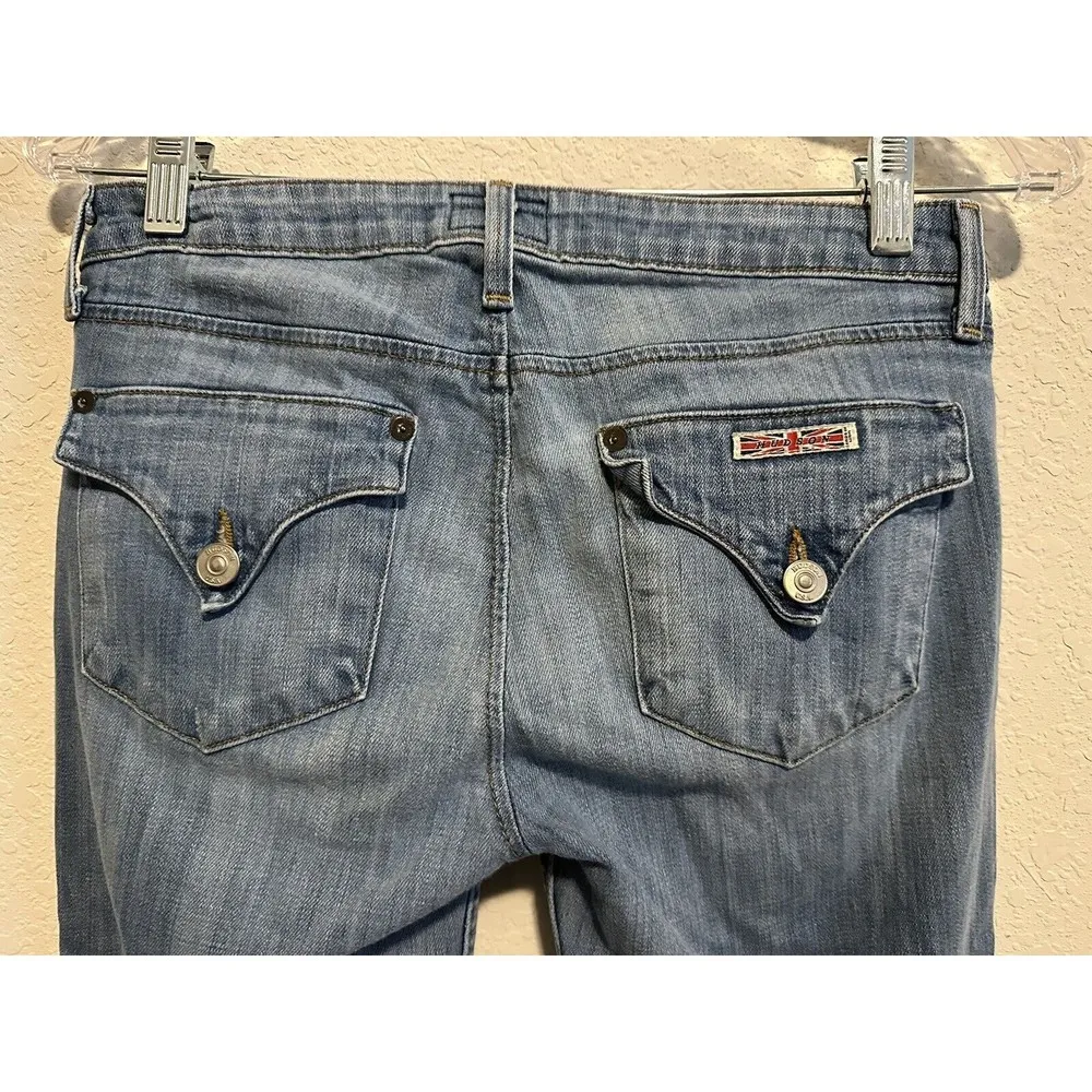 WOMENS HUDSON TRIANGLE FLAP POCKET LT WASH LOW RISE FLARE JEANS Y2K STRETCH‎ 27 - Image 3