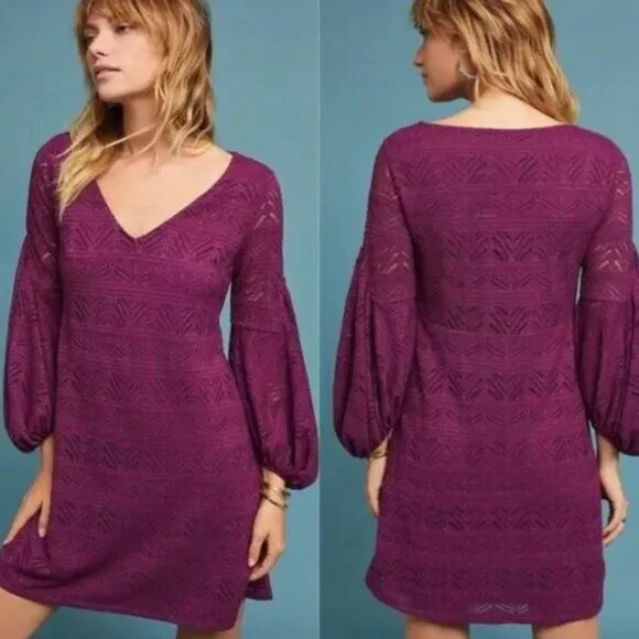 Anthropologie Maeve Laila Purple Balloon Sleeve Shift Mini Dress S - Image 2