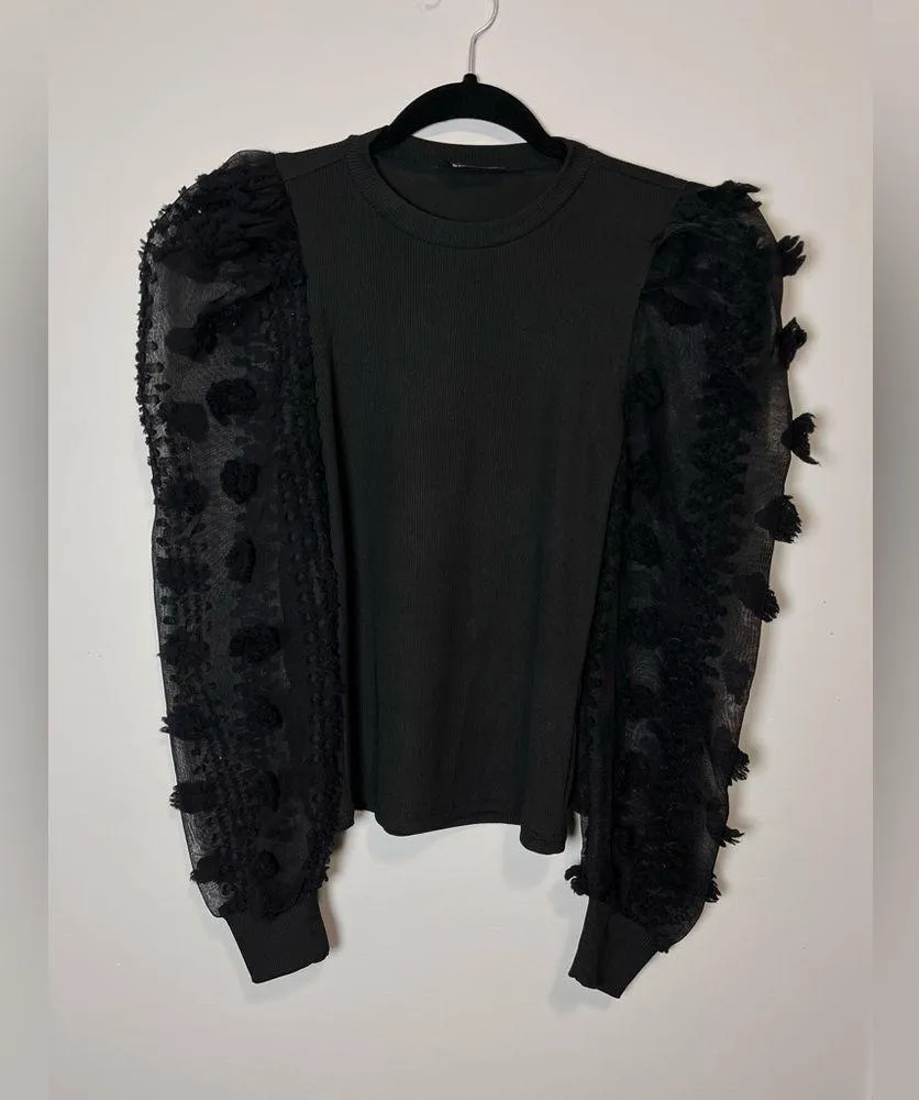 Poppy Ribbed Sheer Long Balloon Sleeve Fitted Women’s Top Sz XS EUC Black - Image 3
