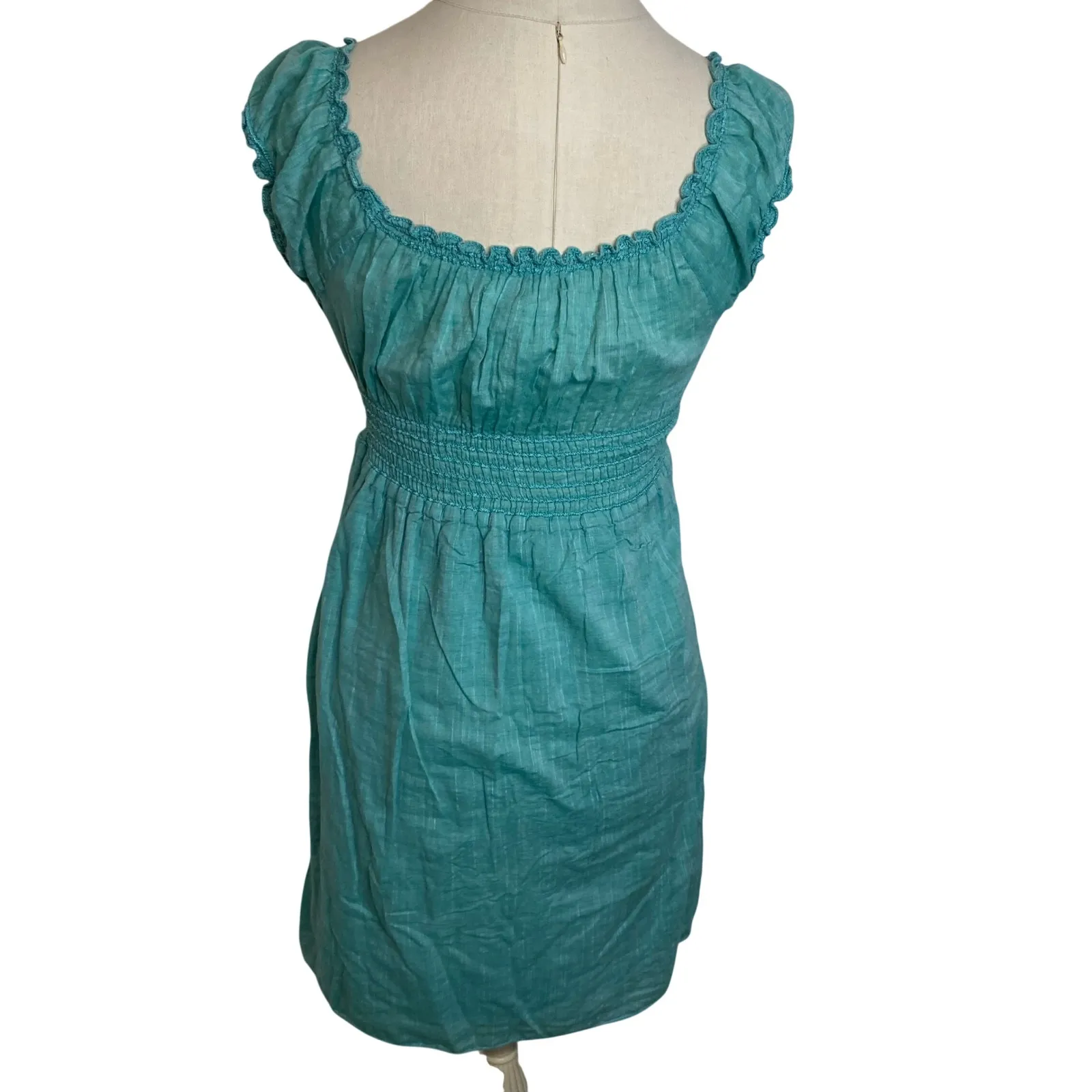 MAX STUDIO Teal Smocked Waist Off Shoulder Cap Sleeve Cotton Mini Dress Size S - Image 2