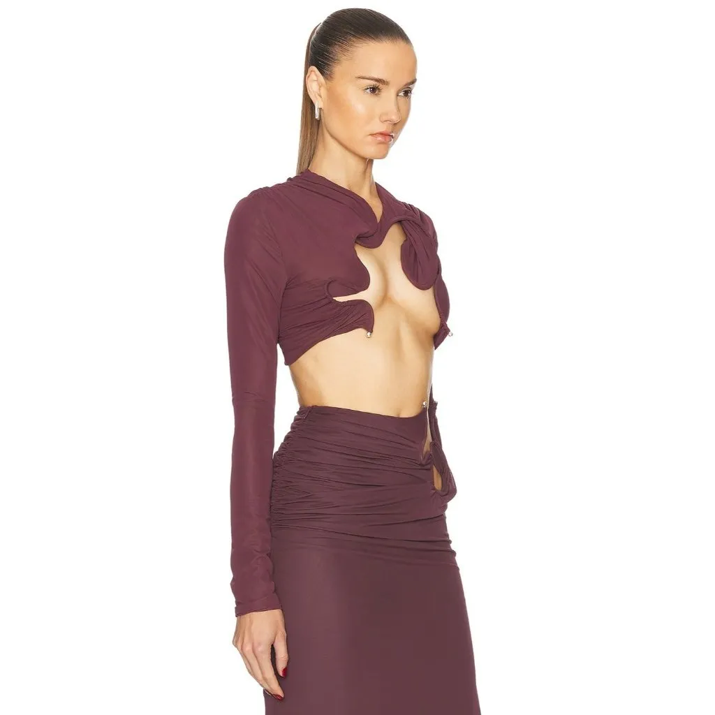 Christopher Esber Venus Long Sleeve Crop Top in Mahogany 2 New Womens Blouse Purple - Image 4