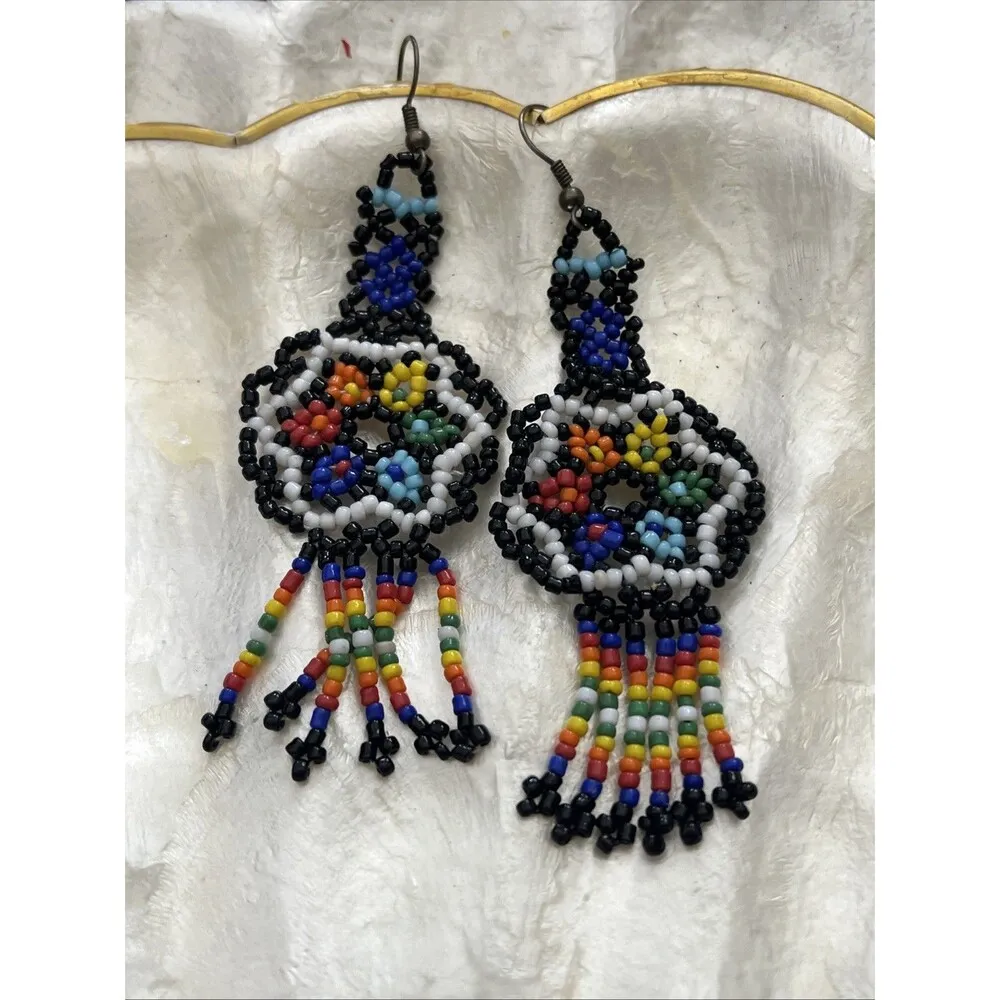 Handmade Native Beaded Shield Chandelier Pierced Dangle Earrings - Image 2