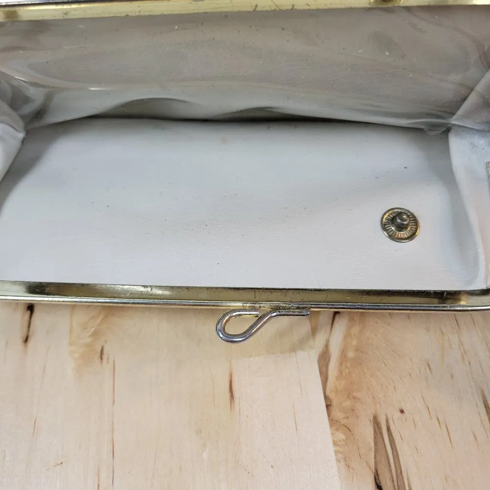 Vintage Ladies Wallet 8" Cream Beige Velvet Cowhide Gold Kiss Lock Checkbook Brown - Image 12