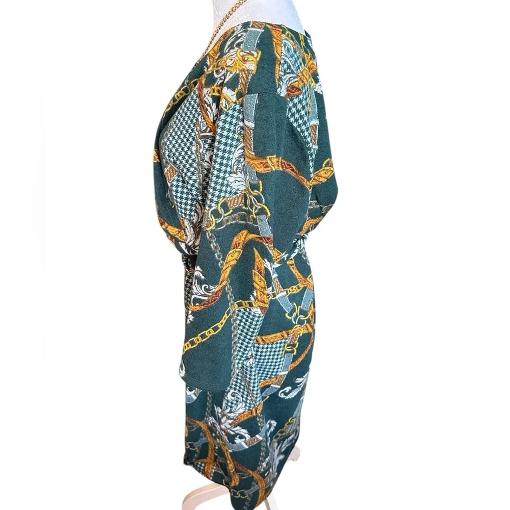 Tacera Luxe Green Houndstooth & Gold Chain Print Wrap Dress - Size XL - Image 5