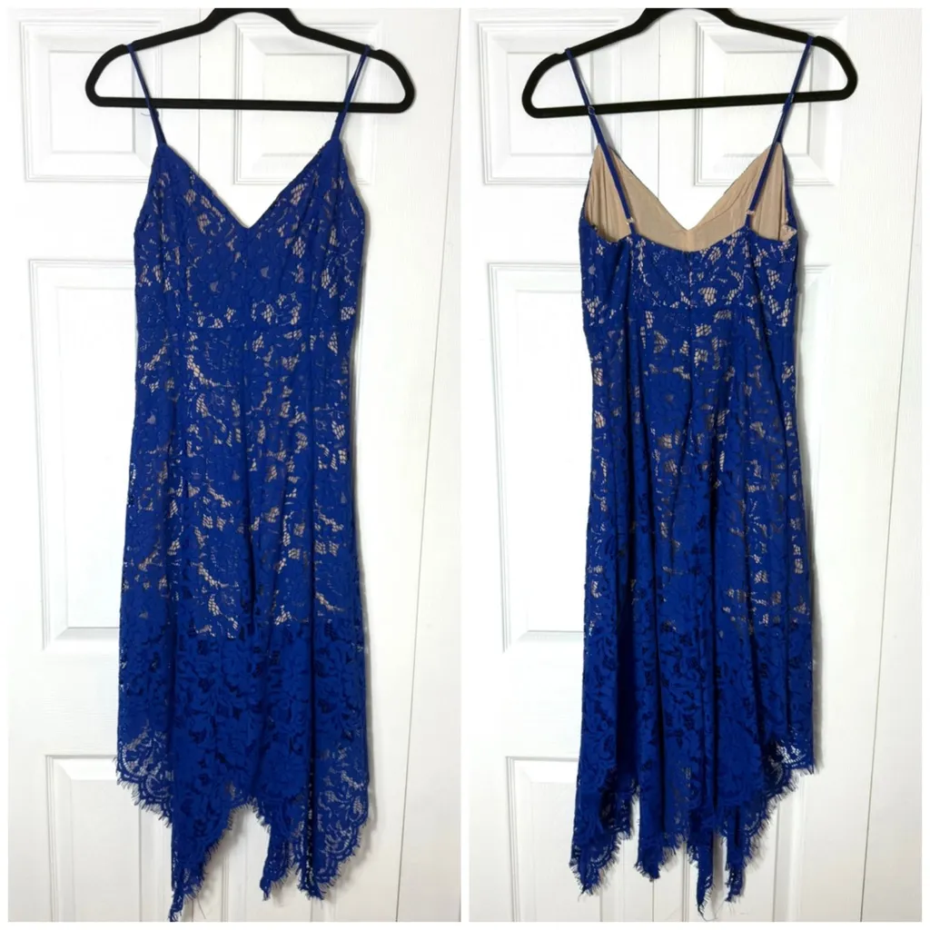 Lulus Royal Blue Lace Handkerchief Hem Midi Dress One Wish Women’s Small - Image 4