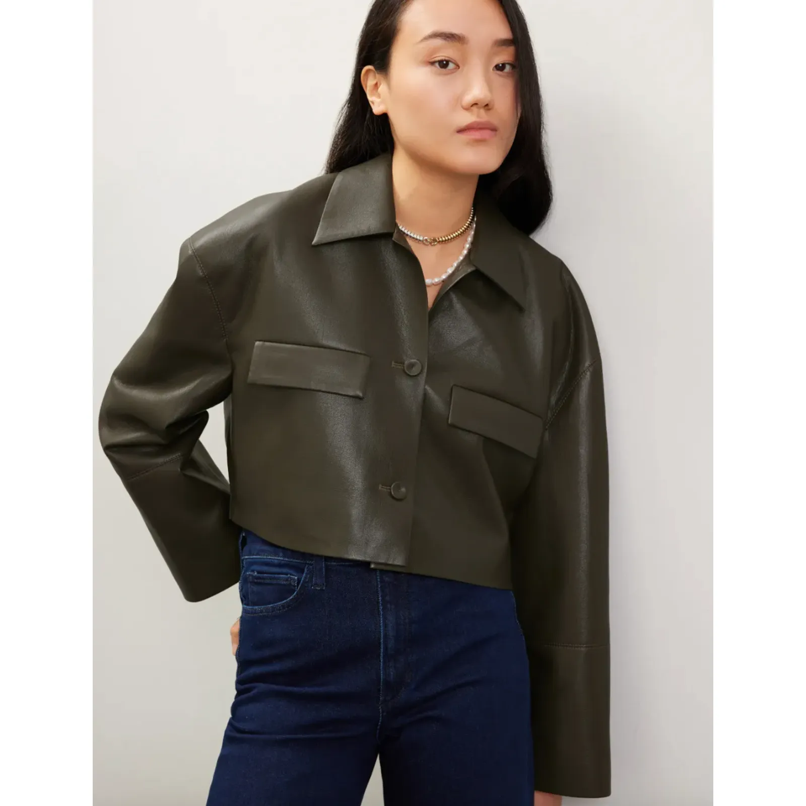 Nanushka Jacket Womens Small Holleen Solid Green Faux Leather Collared - Image 5