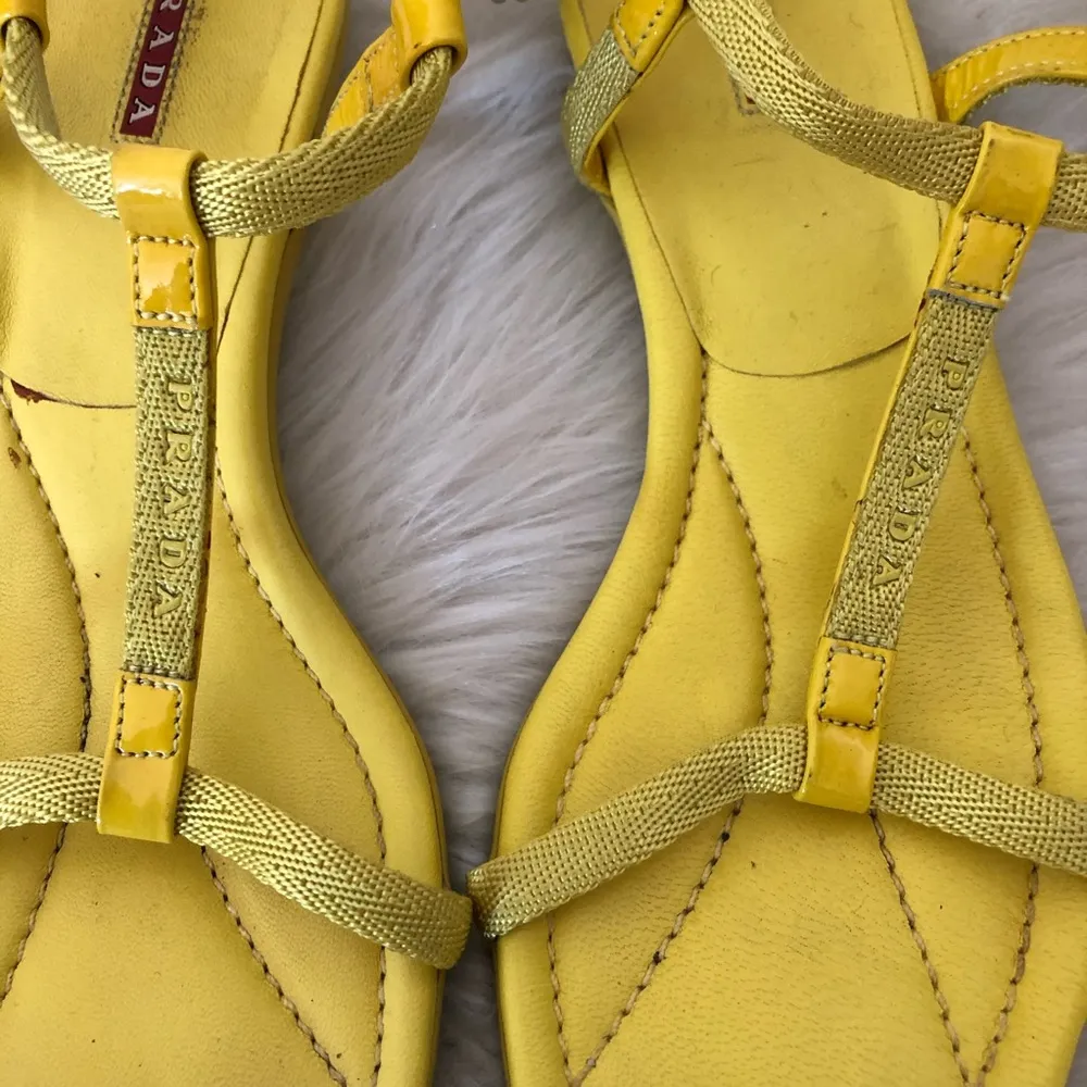 VTG Y2K PRADA Size 36 Yellow T-Strap Ankle Strap Kitten Heel Sandals - Image 4