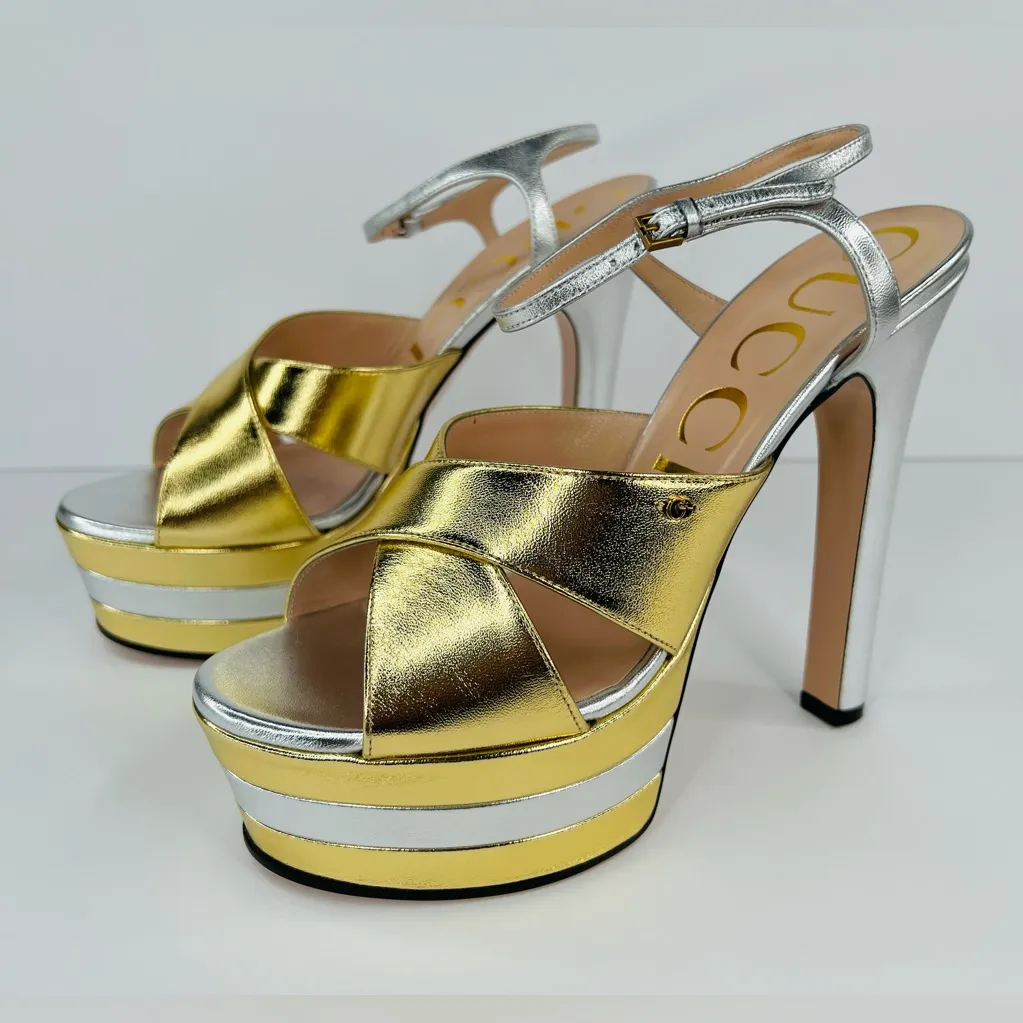 Gucci Crisscross Metallic Leather Straps Platform Heel Logo Sandals Size EU 39.5 - Image 3