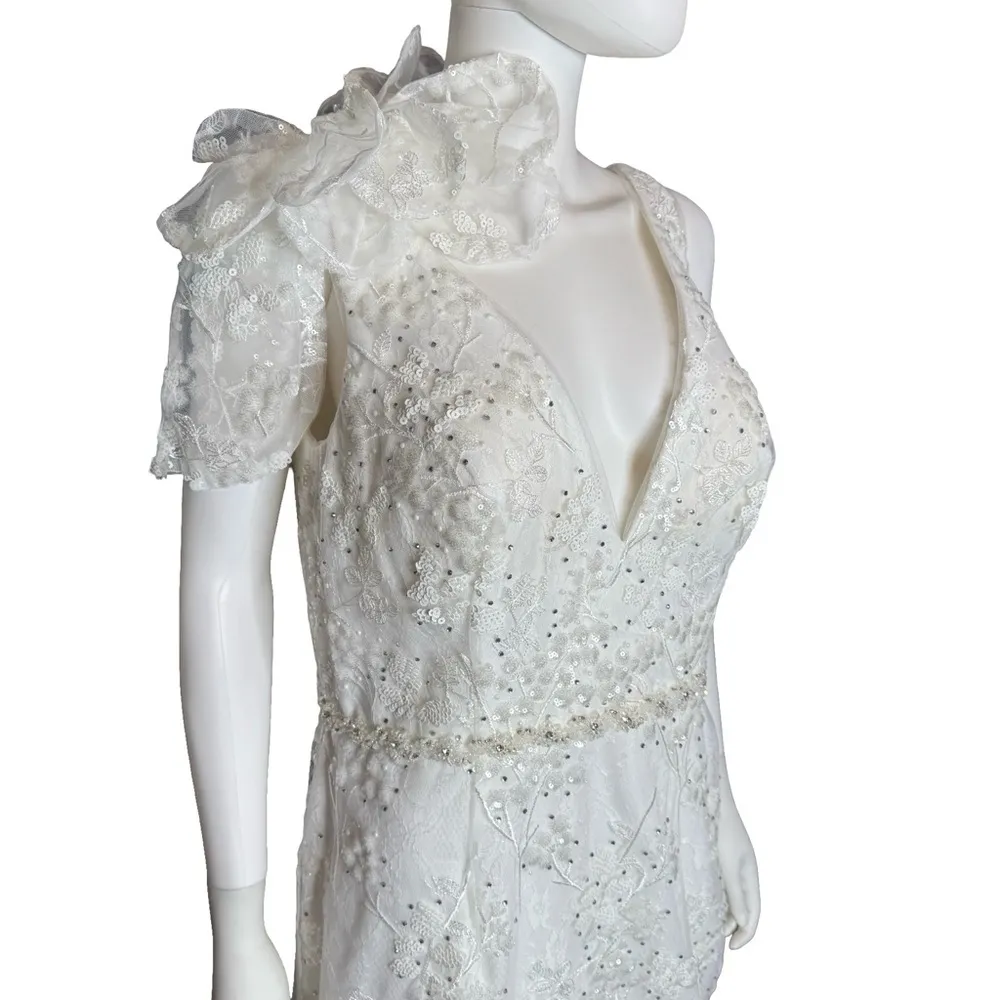 Mac Duggal White Floral Embellished V-neck Midi Dress with Shoulder Bow Sz 14 - Image 4