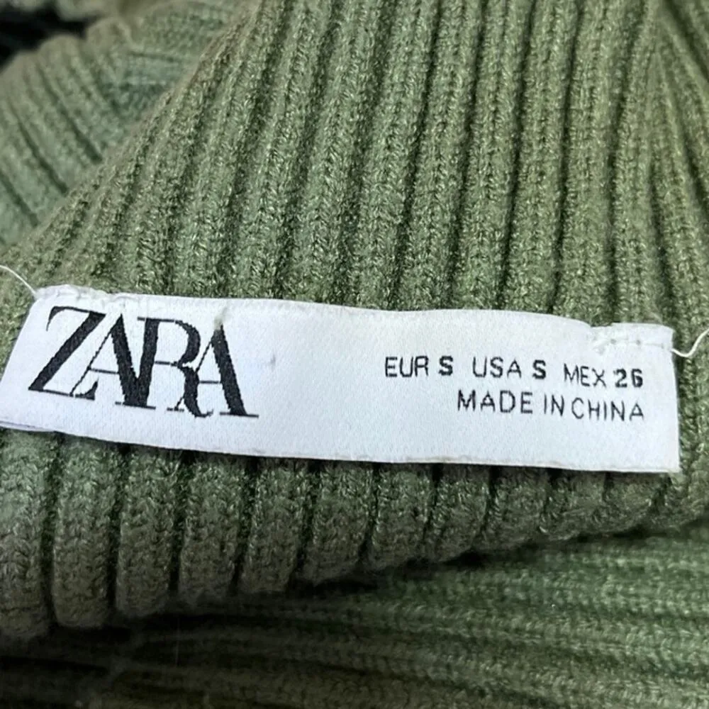 Zara Olive Green Ribbed Mock Sleeveless Stretch Knit Crop Sweater Tank Top S - Image 4
