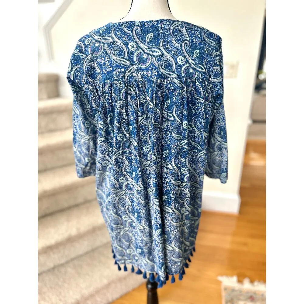 Ro's Garden Seychelles Blue & White Paisley Block Print Tassel Short Tunic Size XS - Image 5