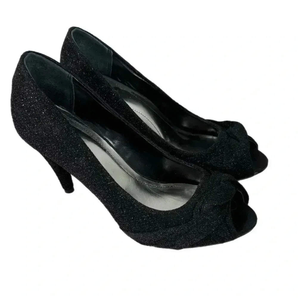 Style & Co Kathryn Glitter Pumps Leather Outsole Black Heels Peep Toe Sz 7.5 - Image 2