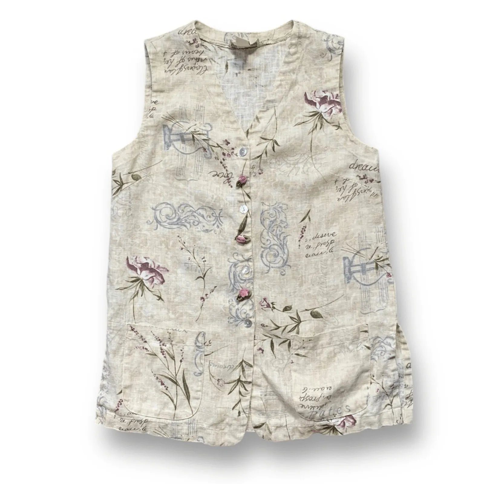 Vintage 90s Sweet Jessie Linen Vest Floral Script Print Rosette Abalone Buttons Pink - Image 12