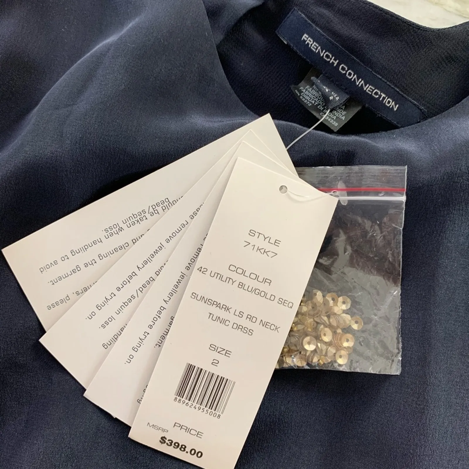 French Connection Womens 100% Silk and Gold Sequin Navy Blue Shift Dress Size 2 - Image 7