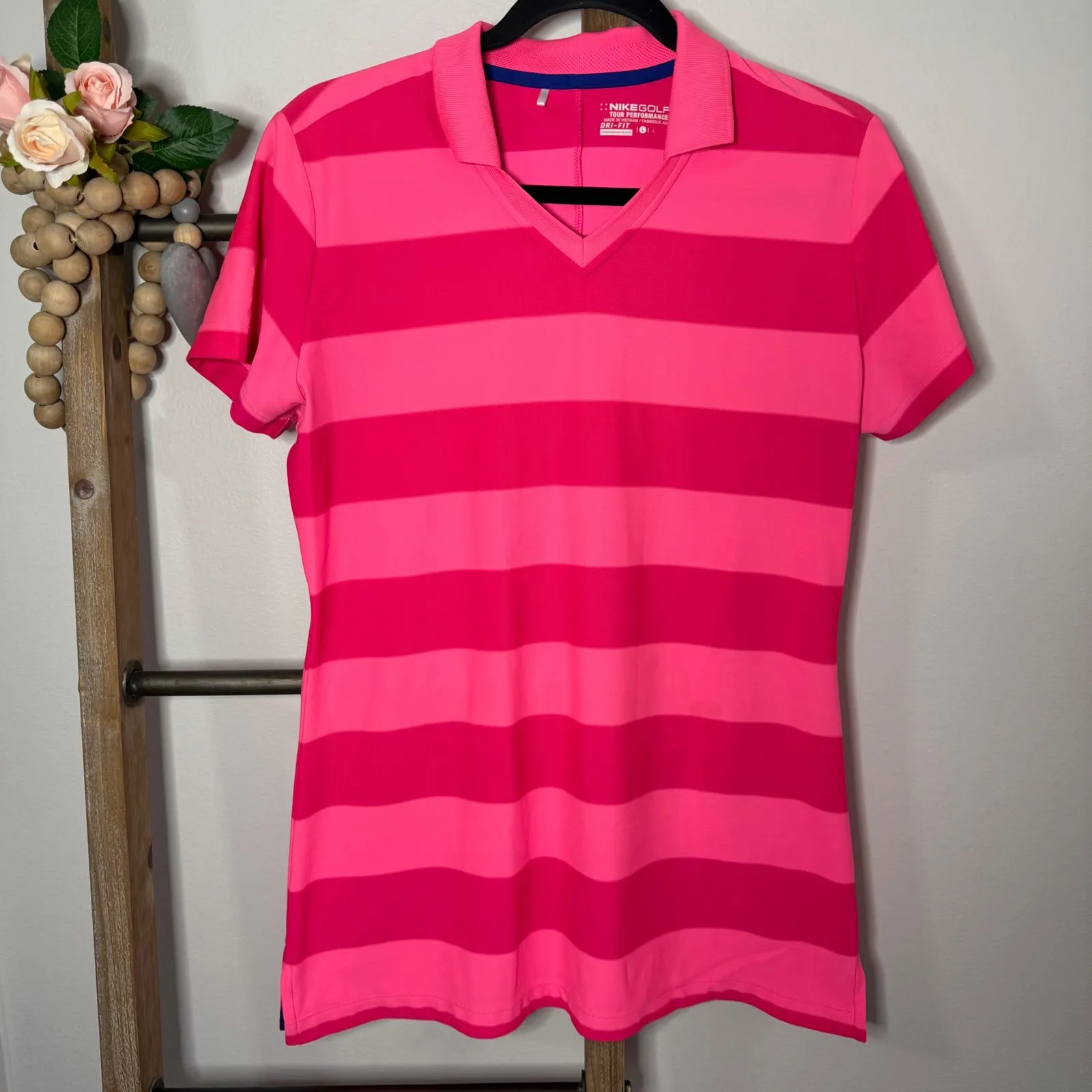 Nike Golf Womens Pink Striped Short Sleeve Polo Shirt Dri-Fit Size Large - Image 3