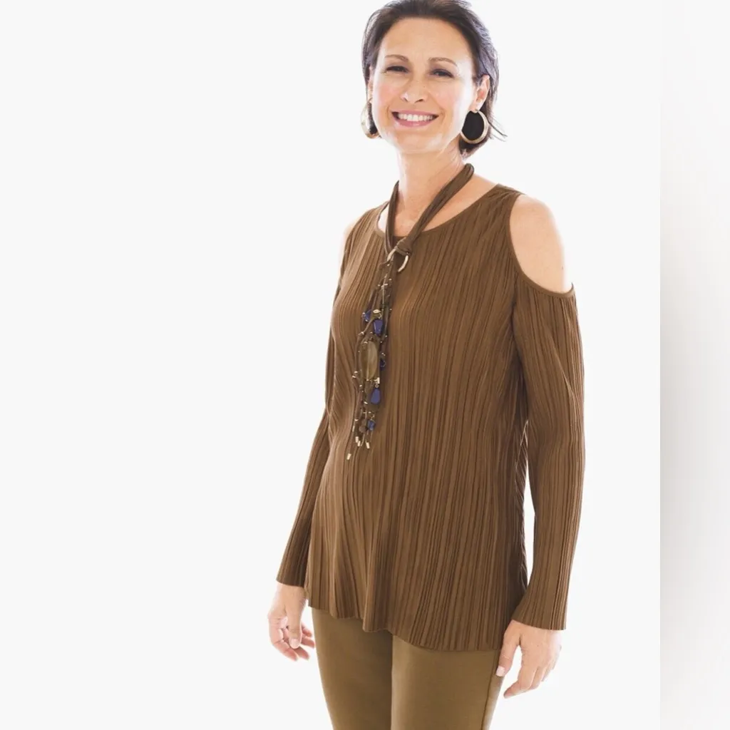 Chico’s Pleated Faux Suede Chocolate Brown Pleated Cold Shoulder Blouse 2 12 L - Image 8