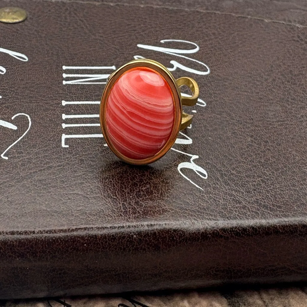 Handmade Pink Agate Statement Ring Adjustable Gold Stainless Steel - Image 5