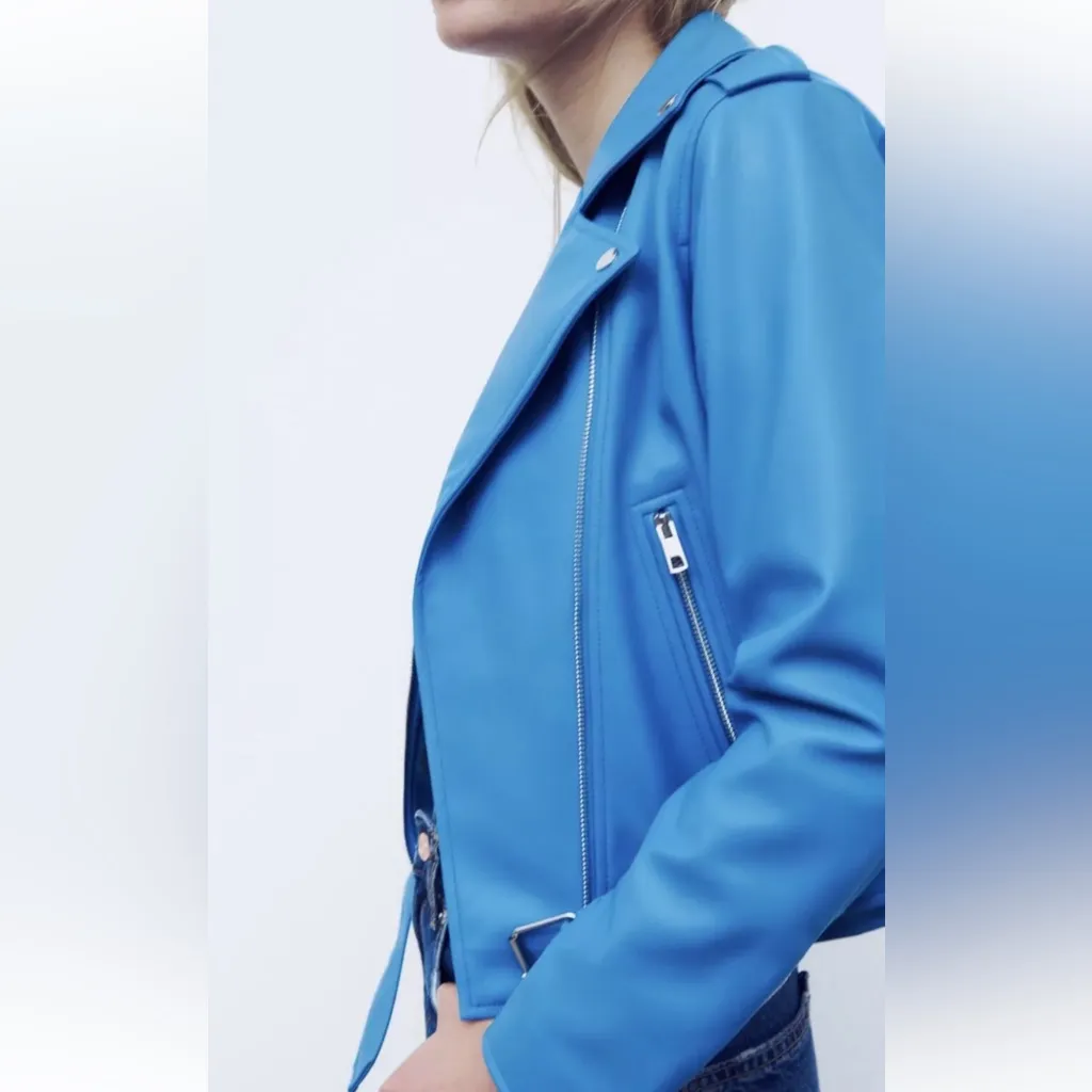 ZARA Faux Leather Blue Moto Jacket XS Biker Blogger Favorite TikTok Style - Image 7