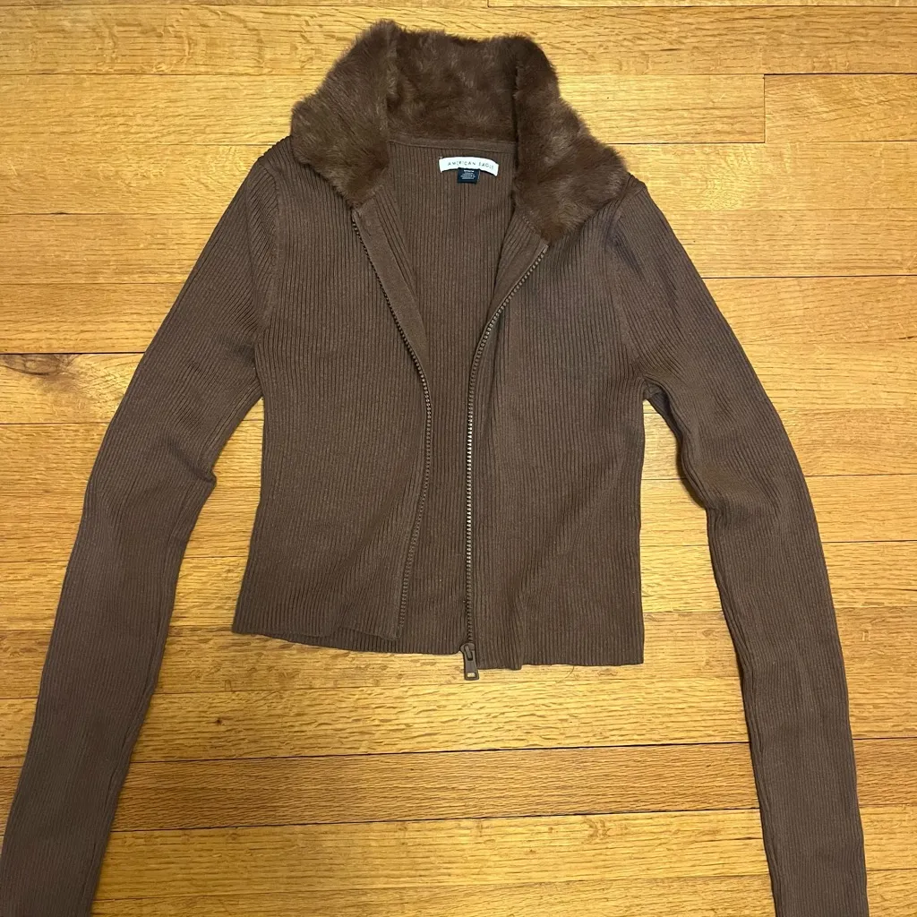 American Eagle Outfitters Brown Teddy Zip-Up with Faux Fur Collar - Image 4