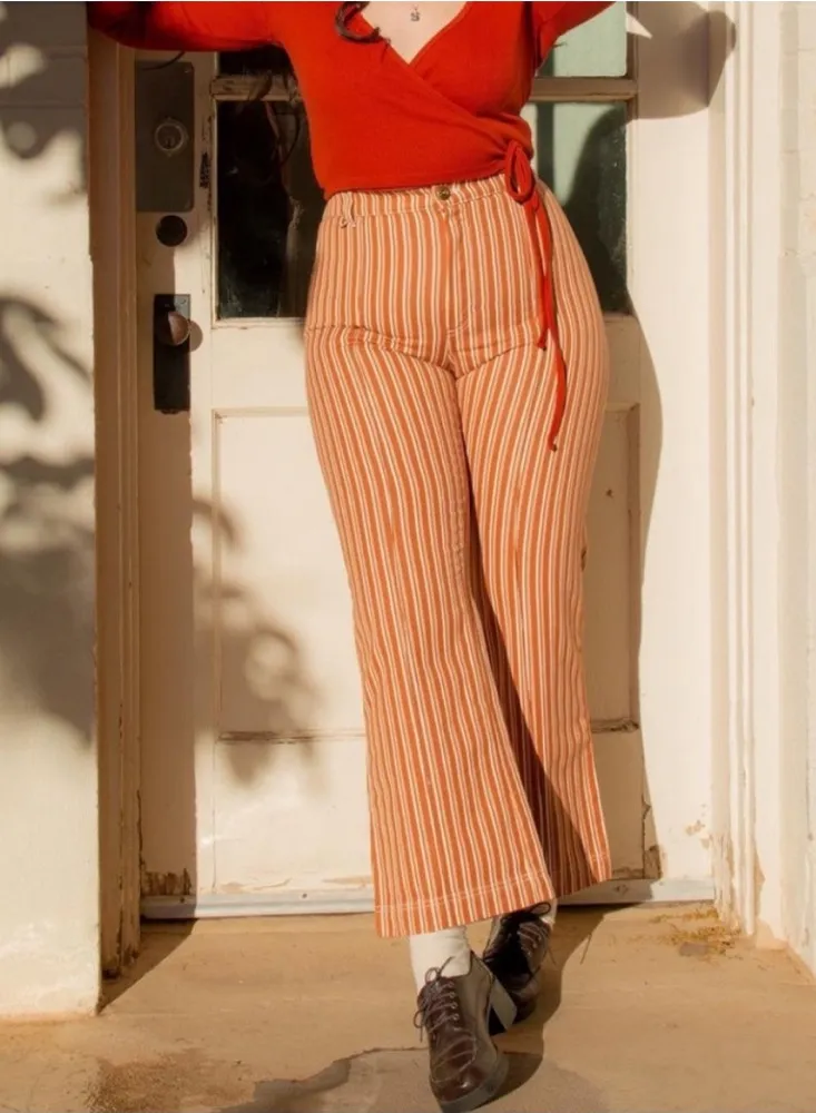 Big Bud Press Western Bell Bottom Pants Women’s Large Striped Retro Cotton Orange - Image 1