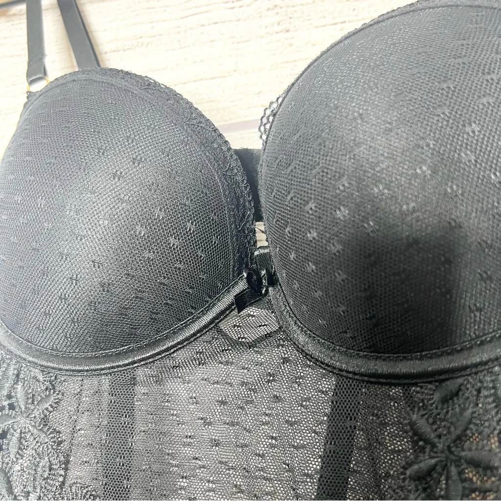 Sheer Black Lace Bustier Lingerie with Floral Appliqué and Garter Straps Size XL - Image 3