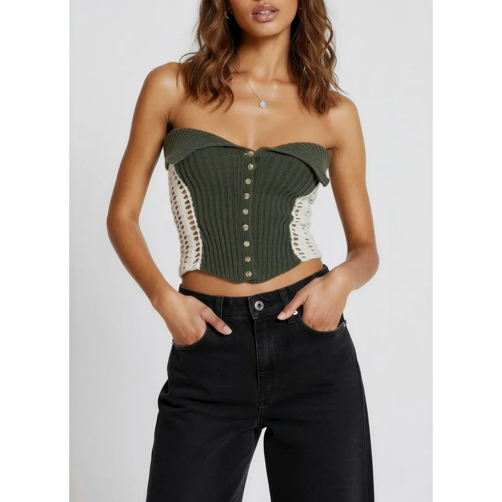 JADED LONDON Akio Knitted Corset Top, Olive, XS - Image 2