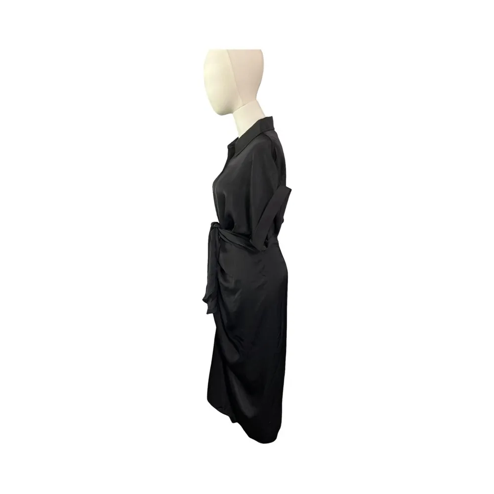 NWT Steve Madden Black Satin Belted Button Down Midi Dress Women’s Size 4 - Image 3