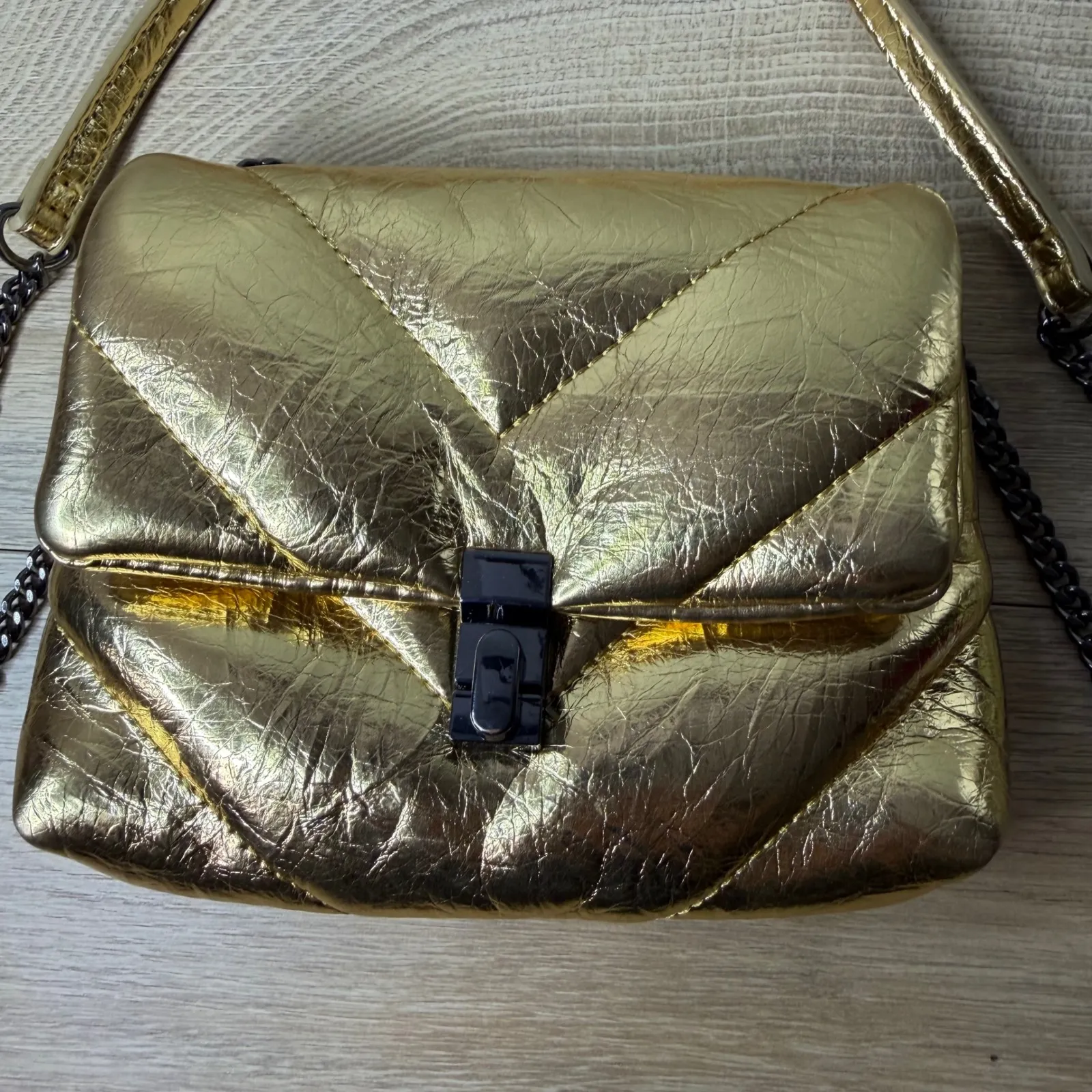 ZARA Gold Metallic Quilted Puffer Shoulder Bag Y2K Space Age Party Club Disco - Image 4