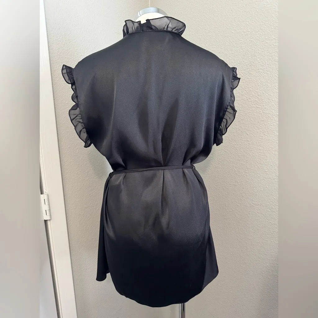 Intimo Donatella Robe Black Floral Ruffle‎ Trim Short Sleeve Lingerie Medium - Image 6