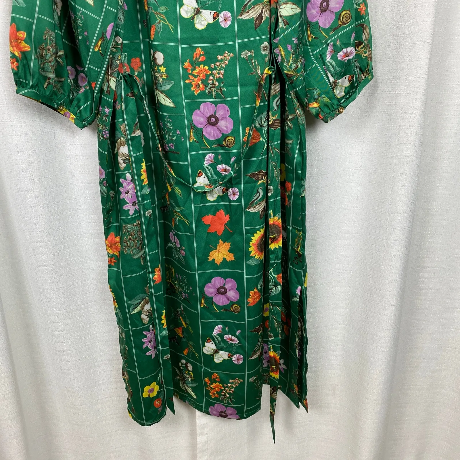 LOFT Green Floral Bird Butterfly Garden Puff Sleeve Shift Midi Dress Sz.M NWT - Image 13