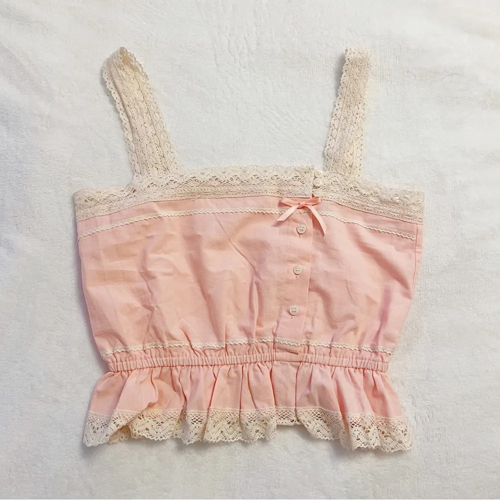 Japanese Kawaii Cottage Ballet Peach Pink Peplum Summer Lace Ribbon Crop Top Size XS - Image 7