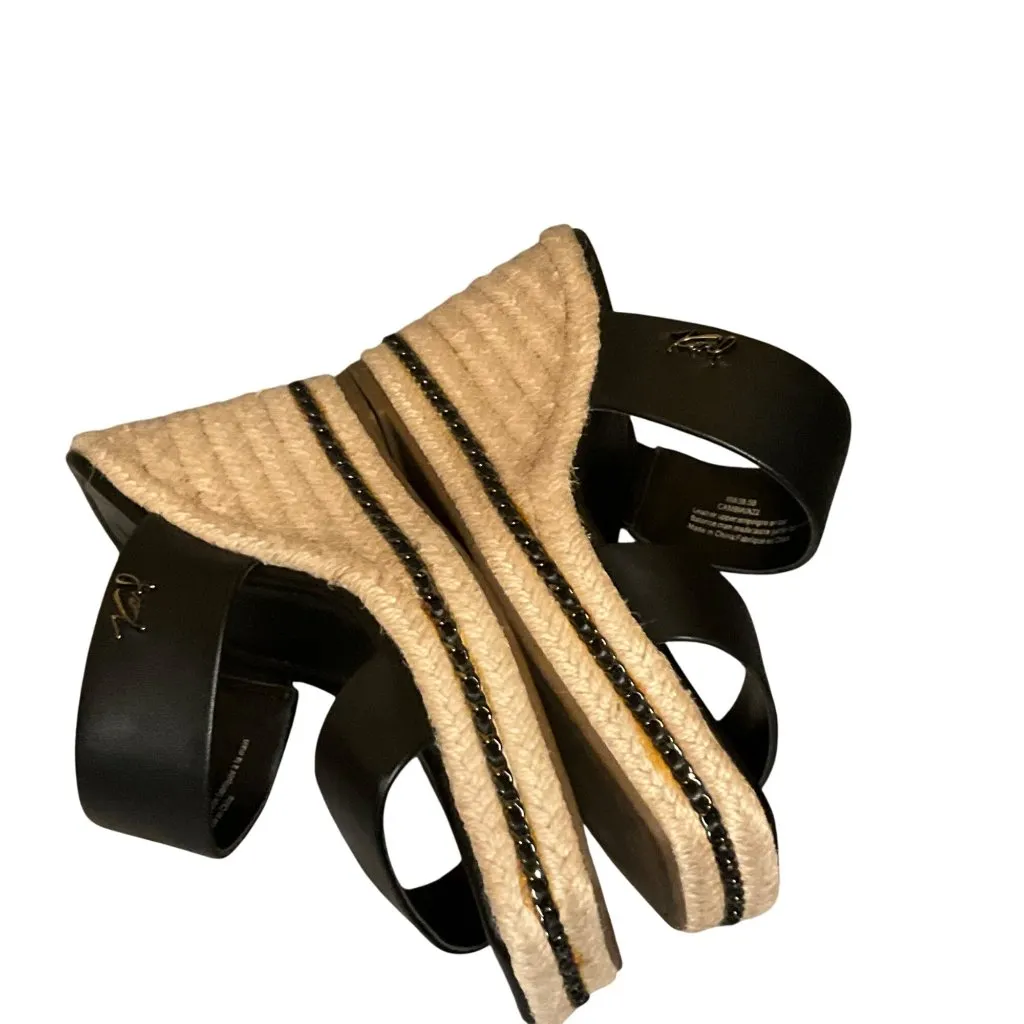 Karl Lagerfeld Black Leather Espadrille Wedge Sandals With Braided Jute Soles 8 - Image 8