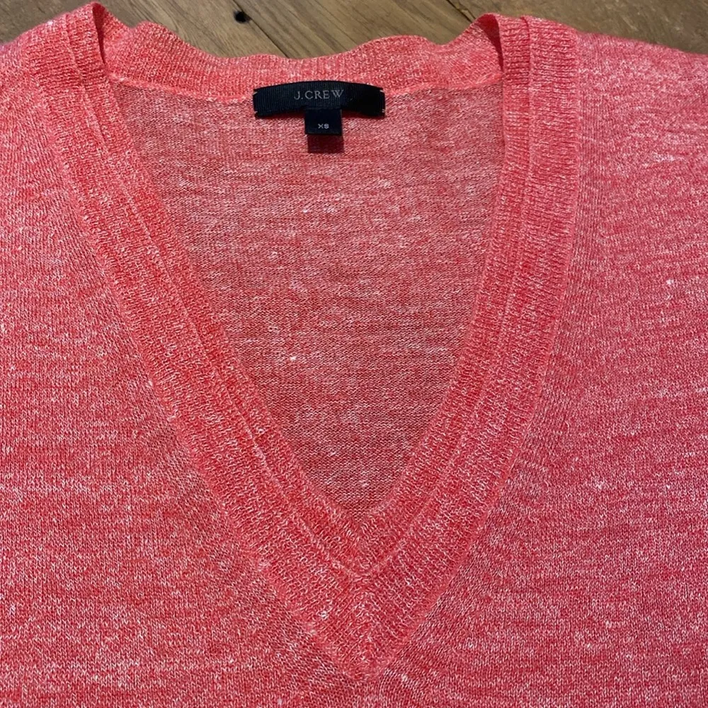 J Crew Fine Gauge Lightweight Merino Wool Linen Double V L/S Pink Sweater XS - Image 3