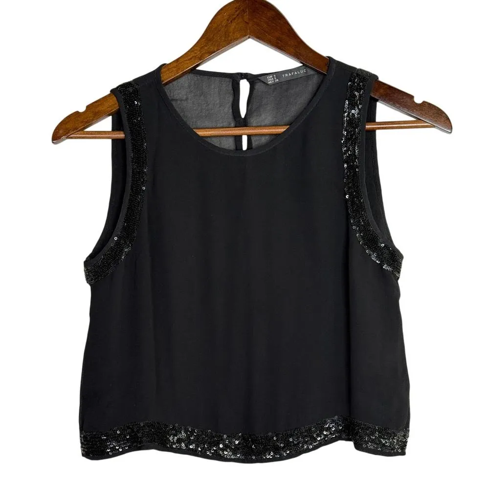 ZARA Sheer Sequins Detailing Cropped Tank Top Key Hole Button Back S Black #3325 - Image 9