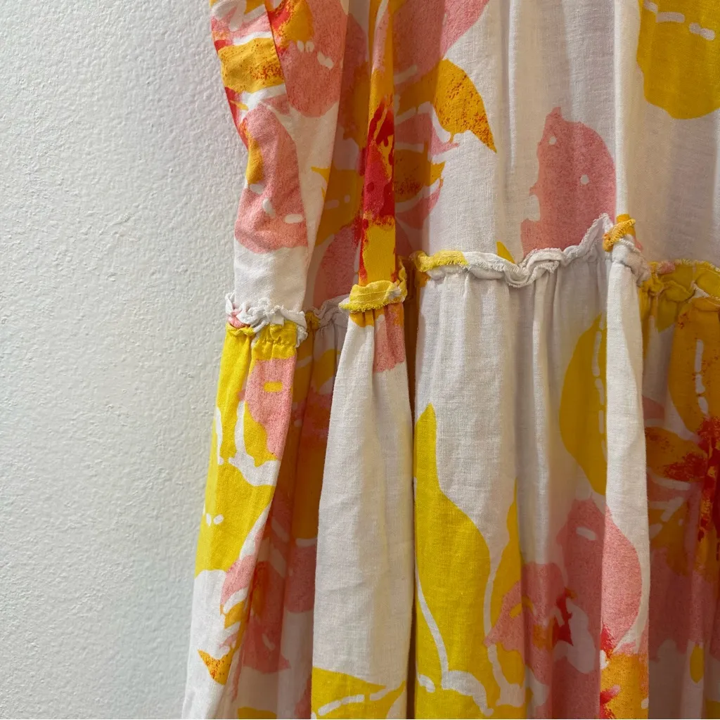 Free People Women's Moonshine Linen Blend Floral Midi Dress Neutral Boho Size M - Image 6