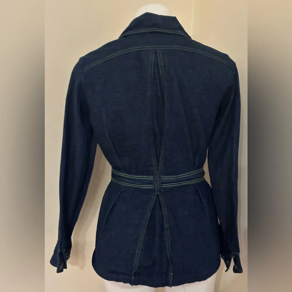 No Tag Denim Tie Blue Jean Jacket With Yellow Thread Collar Button Down Sz 9/10. - Image 8