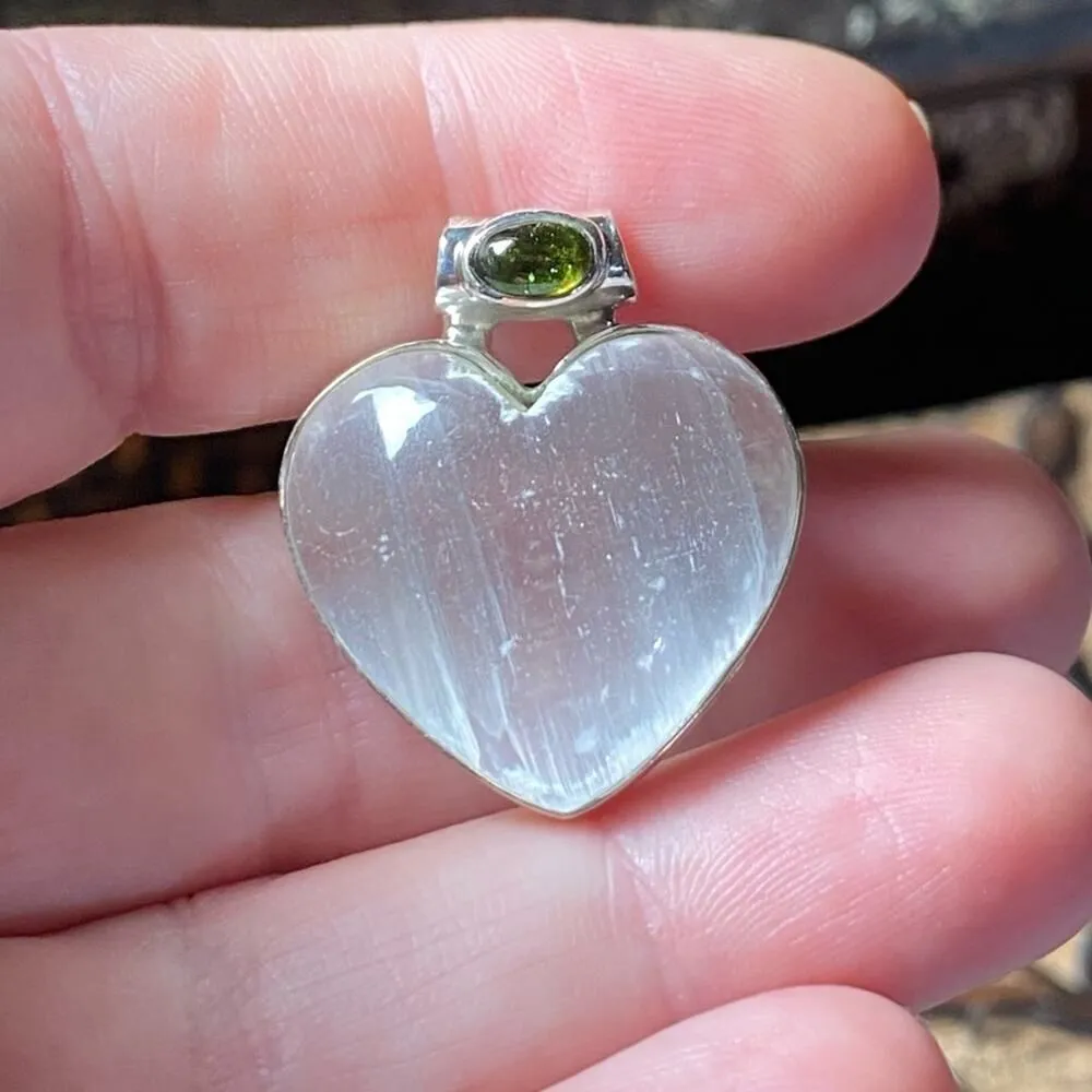 Selenite and Chrome Diopside Solid Sterling Silver Pendant Green - Image 5