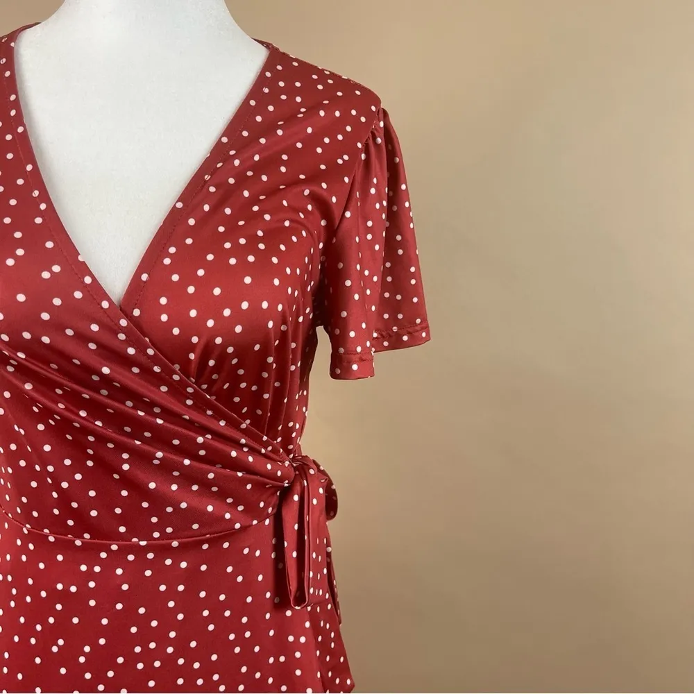 Retro Women's Small Polka Dot Ruffle Tie Wrap Flowy 50's V Neck Swing Dress Red - Image 12